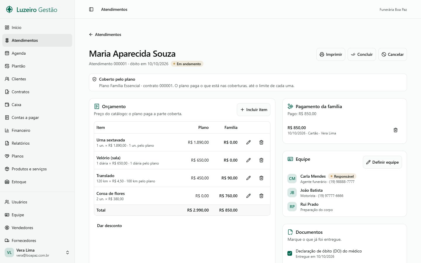 Atendimento de óbito: orçamento com a parte do plano e da família, pagamento, equipe e documentos